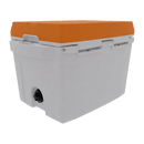 The Taiga Coolers 27 Quart Orange Cooler features heavy-duty insulation, a side handle, and a bottom corner drain spout, shown on a plain white background.