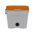 The Taiga Coolers 27 Quart Orange Cooler by Taiga Coolers features heavy-duty insulation, an orange lid, black latch, and bottom spout, shown against a plain white background.