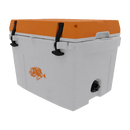 The Taiga Coolers 27 Quart Orange Cooler features heavy-duty insulation, a white body with an orange lid, black latches, drain plug, and a fish graphic on the side.
