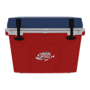 The Taiga Coolers 27 Quart Red White and Blue Cooler by Taiga Coolers features a blue lid, black latches, and a white fish logo on the front.
