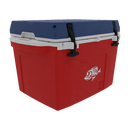 The Taiga Coolers 27 Quart Red White and Blue Cooler by Taiga Coolers features a white fish graphic, black latches, and sturdy trim—ideal for your next adventure.