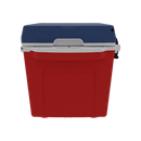 The Taiga Coolers 27 Quart Red White and Blue Cooler, featuring a blue lid and white latch, is shown against a plain white background.