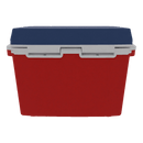 A Taiga Coolers 27 Quart Red White and Blue Cooler featuring a blue lid and gray latch, shown from the front on a white background.
