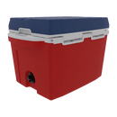 The Taiga Coolers 27 Quart Red White and Blue Cooler features a dark blue lid, white trim, and drainage spout, shown on a plain white background.