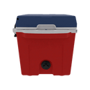The Taiga Coolers 27 Quart Red White and Blue Cooler has a blue lid, white trim, and a black spout at the bottom center for easy dispensing.