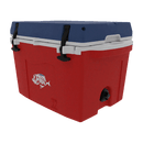 The Taiga Coolers 27 Quart Red White and Blue Cooler by Taiga Coolers features a blue lid, black handles, and a white fish graphic on the side, shown against a plain white background.