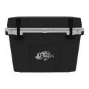 The Taiga Coolers 27 Quart Black Cooler by Taiga Coolers features a white lid with two black latches and a stylized fish logo—ideal for keeping drinks cold on every adventure.