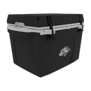 The Taiga Coolers 27 Quart Black Cooler, with white latches and a stylized fish graphic, is displayed against a plain white background.