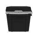 A front view of the Taiga Coolers 27 Quart Black Cooler displays its sleek rectangular design with a gray handle and latch, set against a plain white background.