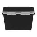 The Taiga Coolers 27 Quart Black Cooler is a black rectangular storage box with a gray latch and lid, shown from the front on a white background—perfect as an insulated cooler.