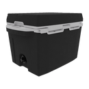 The Taiga Coolers 27 Quart Black Cooler is a black plastic insulated box with a hinged lid, white latch, and bottom front drainage spout—ideal for keeping your items cool.