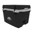 The Taiga Coolers 27 Quart Black Cooler, featuring white latches and a fish graphic, is displayed against a plain white background.