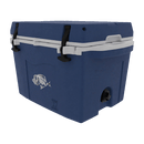 The Taiga Coolers 27 Quart Blue Cooler by Taiga Coolers features a white lid, black latches, fish graphic, drain spout, and is perfect for outdoor use.