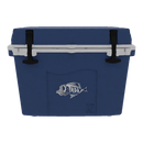 The Taiga Coolers 27 Quart Blue Cooler by Taiga Coolers has black latches, a white lid, and a stylized fish graphic—ideal as a 27 quart camping cooler for your next adventure.