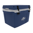 The Taiga Coolers 27 Quart Blue Cooler features a white lid, black handles, black latches, and a fish graphic with logo on the front, displayed against a plain white background.