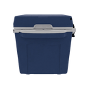 The Taiga Coolers 27 Quart Blue Cooler by Taiga Coolers features a gray lid and handle, shown front-facing on a white background—ideal for camping or outdoor adventures.