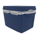 The Taiga Coolers 27 Quart Blue Cooler features a hinged lid and white handles, making it the ideal portable ice chest—shown here against a plain white background.