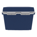 The Taiga Coolers 27 Quart Blue Cooler, in blue and gray with a closed lid, is shown from the front on a white background—ideal for your next outdoor adventure.