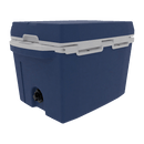 The Taiga Coolers 27 Quart Blue Cooler by Taiga Coolers features a closed lid, drainage spout, and spacious storage—perfect as a portable ice chest for food and drinks while camping.