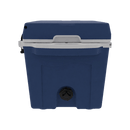 The Taiga Coolers 27 Quart Blue Cooler by Taiga Coolers, featuring a black bottom spout, is perfect for camping or outdoor adventures. Shown here on a white background.