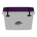 The Taiga Coolers 27 Quart Purple Cooler features a purple lid, two black latches, and a fish graphic—a stylish, portable choice for keeping ice cold.