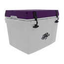 The Taiga Coolers 27 Quart Purple Cooler features a purple lid, black latches, and a fish graphic—ideal for portable ice storage.