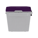The Taiga Coolers 27 Quart Purple Cooler by Taiga Coolers, featuring a white plastic base and purple lid, is displayed front-facing on a plain background—ideal for portable ice storage.