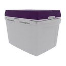 The Taiga Coolers 27 Quart Purple Cooler by Taiga Coolers features a large white body with a purple lid, perfect for portable ice storage and shown on a plain white background.
