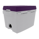 The Taiga Coolers 27 Quart Purple Cooler by Taiga Coolers has a white plastic body, purple lid, and drainage spout, shown on a plain white background.