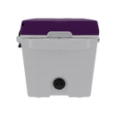 The Taiga Coolers 27 Quart Purple Cooler by Taiga Coolers has a white body, dark purple lid, handle, and drainage spout—ideal for portable ice storage.