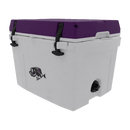 Taiga Coolers 27 Quart Purple Cooler features a white body, purple lid, black latches, stylized fish graphic, and drainage spout—ideal for ice storage on any adventure.