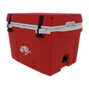 The Taiga Coolers 27 Quart Red Cooler by Taiga Coolers features a red body, white lid, black latches, and a fish graphic. Durable design and strong ice retention make it ideal for outdoor or fishing trips.