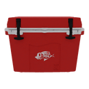 The Taiga Coolers 27 Quart Red Cooler features black latches, a white fish logo, and a white-rimmed lid—perfect for outdoor adventures with excellent ice retention.