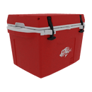 The Taiga Coolers 27 Quart Red Cooler features a white fish graphic, a white lid with two black latches, and is designed for excellent ice retention.