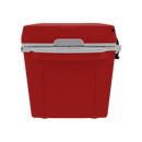 A Taiga Coolers 27 Quart Red Cooler with a white handle and lid, designed for superior ice retention by Taiga Coolers, is displayed against a white background.