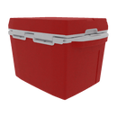 The Taiga Coolers 27 Quart Red Cooler by Taiga Coolers is shown closed with a white hinged lid. It features excellent ice retention and a molded handle for easy carrying, set against a plain white background.