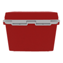 The Taiga Coolers 27 Quart Red Cooler by Taiga Coolers features a white handle and latch, shown against a plain white background, and is designed for excellent ice retention.