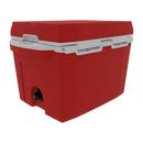 The Taiga Coolers 27 Quart Red Cooler features a closed lid, white handles, and a black drainage spout for excellent ice retention, set against a plain white background.