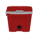 The Taiga Coolers 27 Quart Red Cooler by Taiga Coolers features a white lid and handle, black draining spout at the front bottom, and excellent ice retention.
