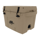 The Taiga Coolers 27 Quart Tan Cooler features a durable tan hard-sided build, black latches, a front fish graphic, and a drain plug—perfect for your next outdoor adventure.
