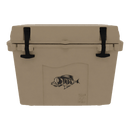 The Taiga Coolers 27 Quart Tan Cooler features two black latches and a stylized fish logo on the front—a rugged choice from Taiga Coolers for any outdoor adventure.