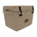 Taiga Coolers 27 Quart Tan Cooler with hinged lid, two black front latches, and black fish logo on the side. Ideal for outdoor use. Shown on a plain white background.