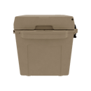 A tan, rectangular Taiga Coolers 27 Quart Tan Cooler with a large front handle and hinged lid is displayed against a plain white background.