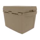The Taiga Coolers 27 Quart Tan Cooler by Taiga Coolers is shown with a sturdy design, hinged lid, and spacious interior—ideal for storing tools, gear, or bulky items.