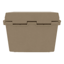 The Taiga Coolers 27 Quart Tan Cooler is a tan, rectangular cooler with a hinged lid and dual side handles, shown closed from the front against a white background. Ideal for outdoor use.