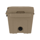 A Taiga Coolers 27 Quart Tan Cooler with a hinged lid, front handle, and bottom drainage spout is shown from the front against a plain white background.