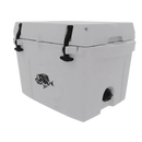 The Taiga Coolers 27 Quart White Cooler features black latches and a fish graphic on the side, displayed on a plain background.