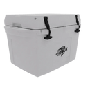 The Taiga Coolers 27 Quart White Cooler, with black latches and a fish logo on the front, is photographed against a plain light background.