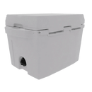 A white rectangular Taiga Coolers 27 Quart White Cooler with a closed lid and a black drainage spout at the bottom left, set against a plain white background.