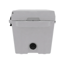 A Taiga Coolers 27 Quart White Cooler with a front handle and black drain plug at the bottom center, displayed against a plain white background.